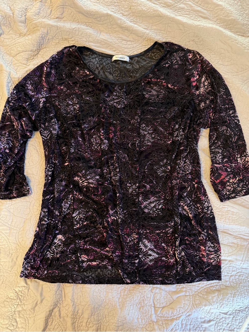DressBarn Women’s Purple floral Patterned Velvet Burnout Top- whimsigoth